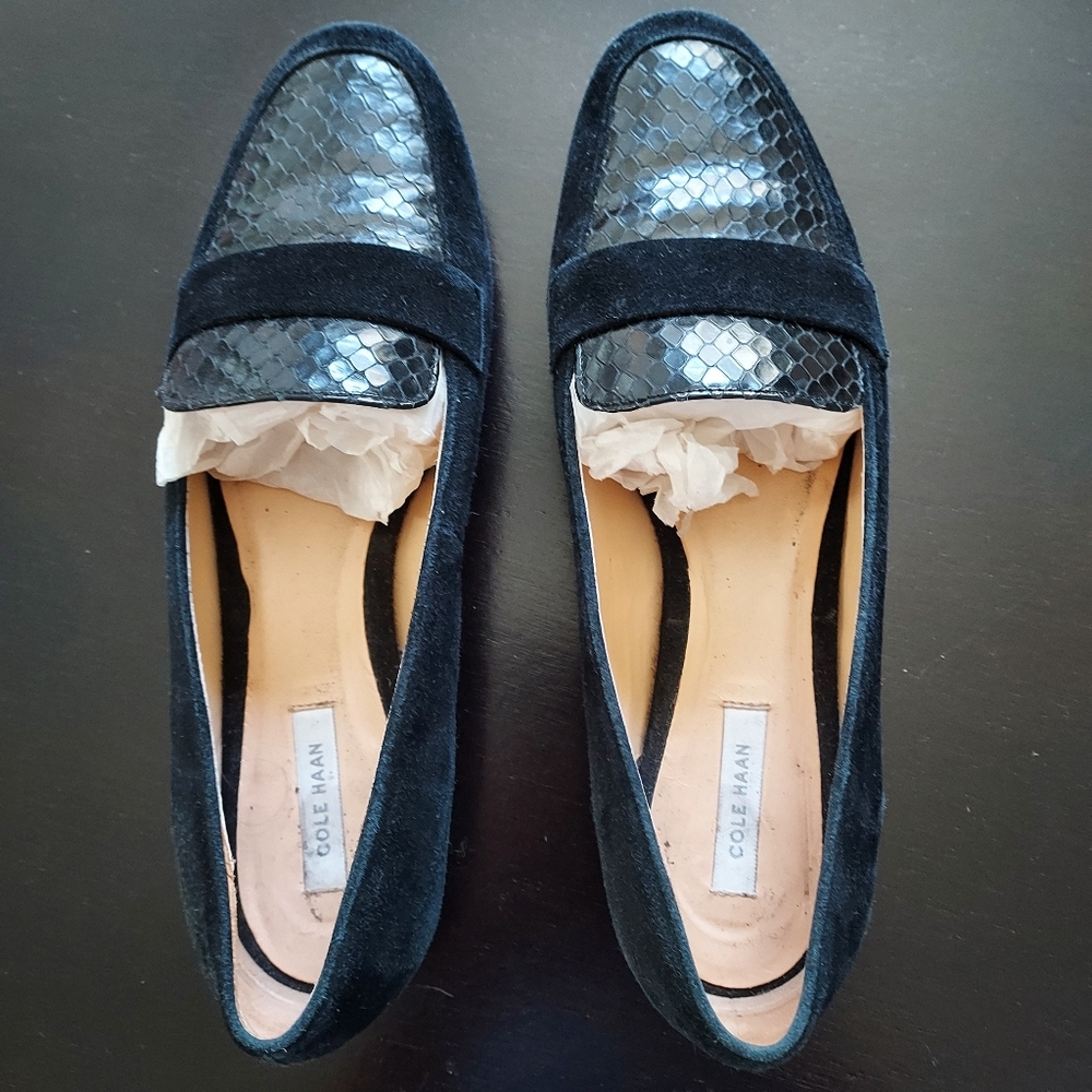 Cole Haan Women's Black Suede Loafers With Snakeskin Effect Trim, 7.5 - Picture 6 of 9